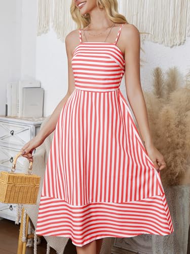 Image of Women's Striped Sleeveless A Line Beach Summer Dress Spaghetti Strap Backless Smocked Cutout Ruffle Midi Dresses Red