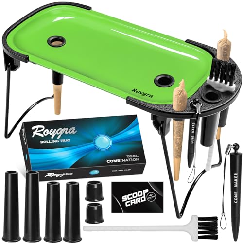 roygra Foldable Rolling Tray Set with Cone Loader Cone Filler Roller - Pre Roll Machine Metal Rolling Machines for King Size 1-1/4 Size or 70mm Cones Smoking Accessories 9 x 4 inch - Green