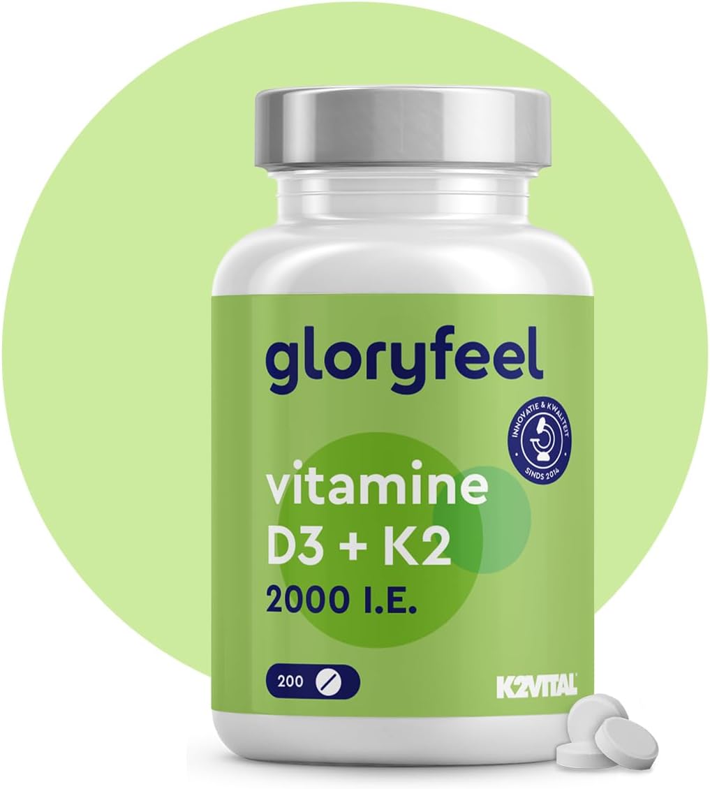 Vitamine D3 en K2-200 tabletten – 2000 IE + 100 µg Premium: K2VITAL® van Kappa 99,7% All-Trans MK7 – Laboratorium getest en gemaakt in Duitsland