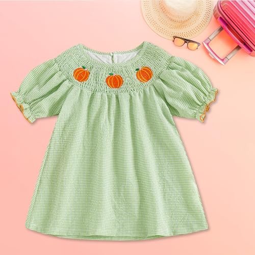 Toddler Halloween Clothes Baby Kids Girls Puff Sleeve Pumpkin Dress Embroidery Plaid Smocked Dress Fall Party Dresses2
