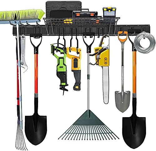 Wallmaster Tool Storage Rack With Wall Shelf, Garage Storage Wall Mount Tool Organizers Heavy Duty Racks Adjustable Wall Hanger System (9Hooks&2Rails&Storage Shelf)