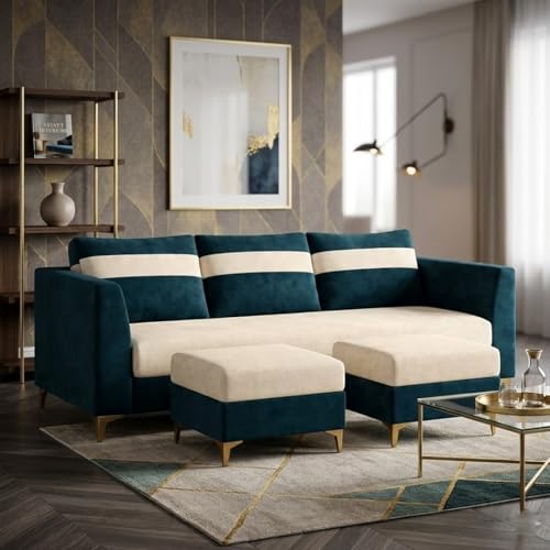 Image of FURNY Nova 5 Seater L Shape Sofa Set with 2 Movable Ottoman | Flexible Left or Right Layout | Plush Velvet Fabric (Greenish Teal-Cream) | Perfect for Living Room, Guest Room & Office