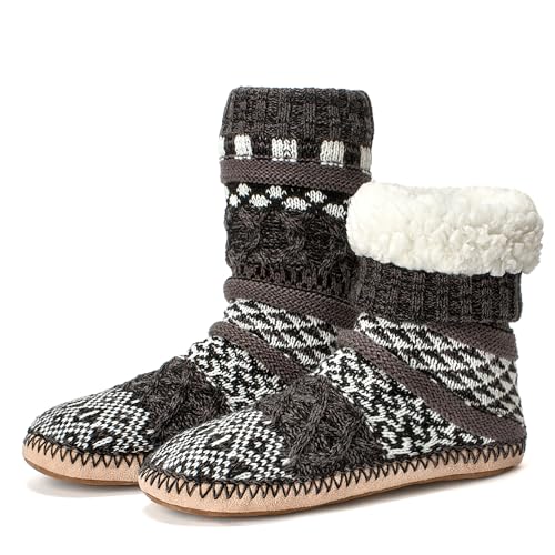 Image of Cozylook Fuzzy Slipper Socks for Women Soft Sole Non Slip Sherpa Lined | Chunky knit outer, cushioned underfoot, gripper dots for indoor floors, winter cabin sock design, gift box, machine washable