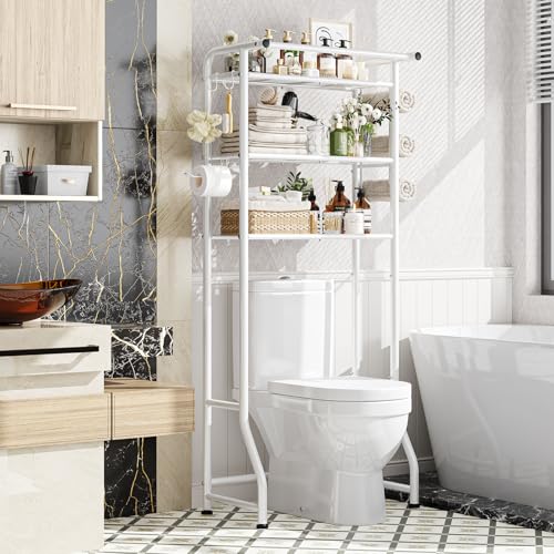 Image of Simple Trending 3 Tier Over The Toilet Storage Rack, Metal Bathroom Shelf, Bathroom Stand Organizer Space Saver with Paper Holder and Hooks, White