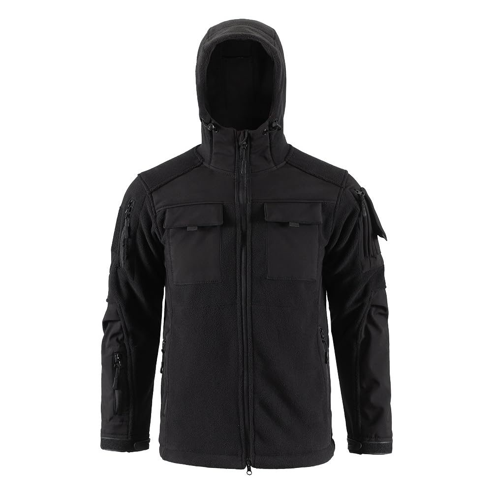 GUOCU Chaqueta de Forro Polar Hombres con Cremallera Completa, Chaqueta de Trabajo a Prueba de Viento con Capucha Invierno Abrigo Táctico Cálido con Bolsillo para Montañismo Viajar Senderismo Pesca