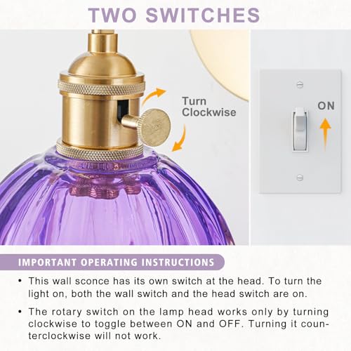 Image of Wall Sconces Set of Two Hardwired, Vintage Sconce Light with Tulip Purple Glass Lampshade, Bathroom Wall Lights with Switch, Gold Wall Light Sconces Wall Decor Set of 2