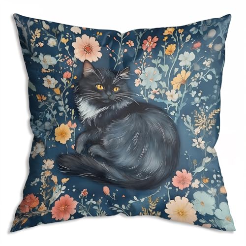 ZNGFON Floral Black Cat Pillow Cover 18x18, Cats Lovers Lady Gifts, Cat Mom Grandma Gifts, Vintage Dark Cottagecore Kitten Decorative Throw Pillow Covers for Home Bedroom Living Room Office Decor