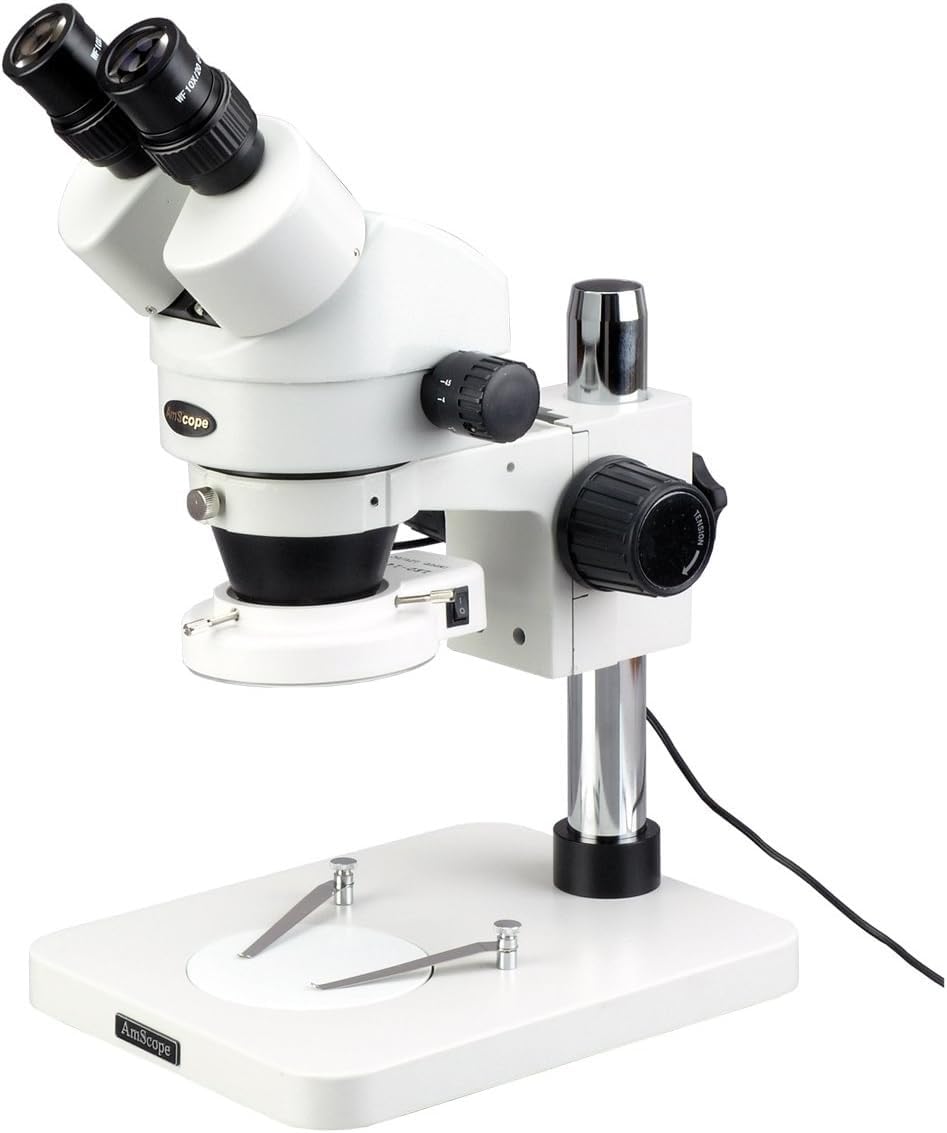 AmScope SM-1BS-64S Professional Binocular Stereo Zoom Microscope, WH10x Eyepieces, 7X-45X Magnification, 0.7X-4.5X Zoom Objective, 64-Bulb LED Ring Light, Pillar Stand, 110V-240V