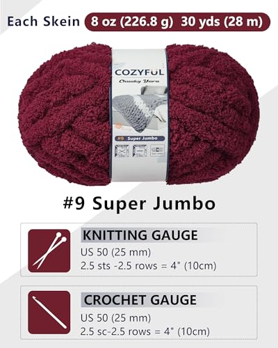 Image of Cozyful Chunky Yarn for Hand Knitting, #9 Thick Jumbo Big Chunky Yarn for Crocheting, Super Chunky Knit Blanket Yarns, Large Chunky Chenille Yarns, 8 Pack (30 yds 8 oz Each Skein), Burgundy
