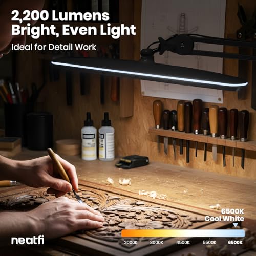 Image of Neatfi XL 2,200 Lumens 24W LED Desk Lamp - 23 inch Wide Shade | Dimmable Eye-Caring Task Light | Adjustable Arm | Home Office, Study, Crafts & Nail Tech (Black, Non-CCT with Clamp)