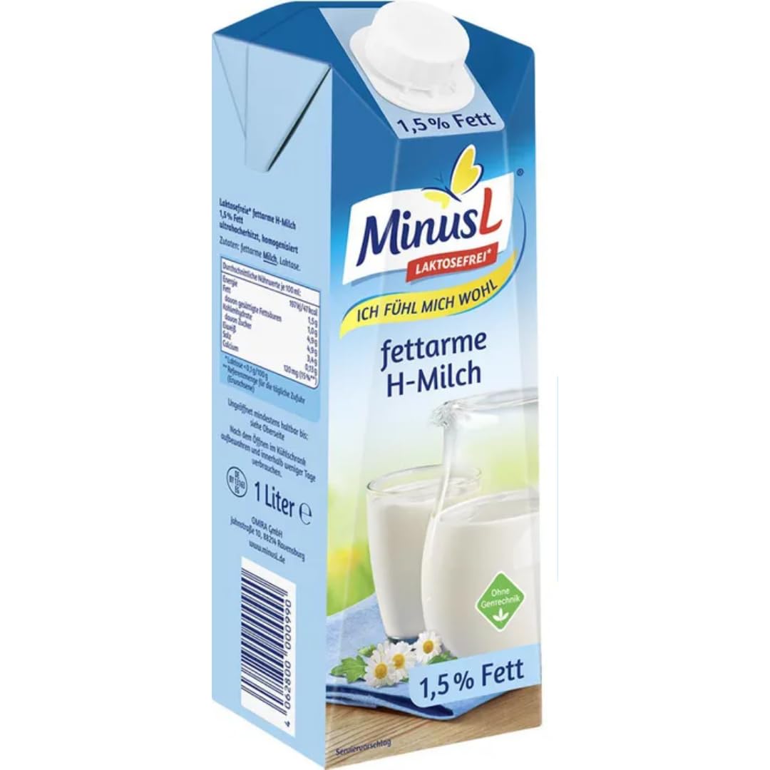 MinusL Milch Laktosefreie H-Milch 1,5% Fett Haltbare Milch, je 1 Liter, 50 Stück+ pufai