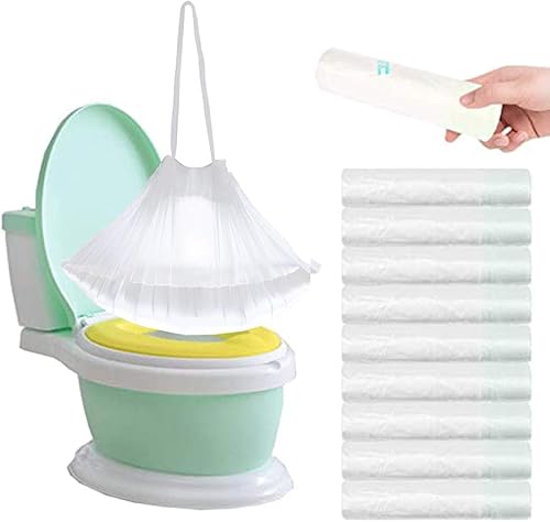 Paquete de 100 forros para sillas de orinal con cordón, bolsas de limpieza para asiento de inodoro, bolsa de limpieza para niños pequeños, asiento