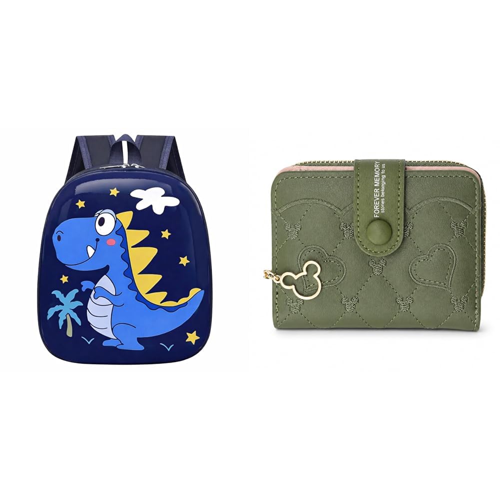 kids backpack – cute dinosaur design, waterproof school bag for 2 to 4 years school + women's short zipper buckle heart shaped wallet with key chain, cute for girls wallet coin & card