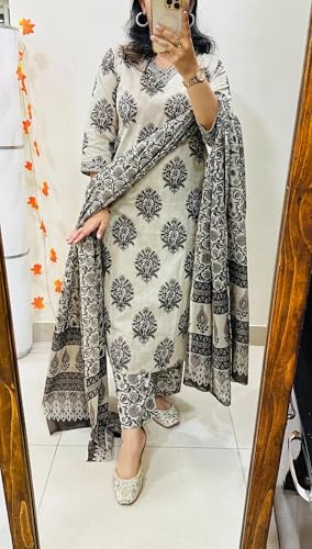 Image of ANNI Designer Women Viscose Blend Straight Fit Printed Kurta Pant Dupatta Set | V Neck Three Quarter Sleeve Outfit | Soft Breathable Fabric | Comfortable Elegant Styling for Office Casual Wear
