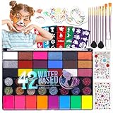 Kinderschminken Set 42 Farben,Bodypainting & Face Paint Gesichtsfarben auf Wasserbasis mit Pinseln,Schablonen & Glitzerstickern,Faschings- & Theaterschminke für Halloween und Karneval TA641KIT