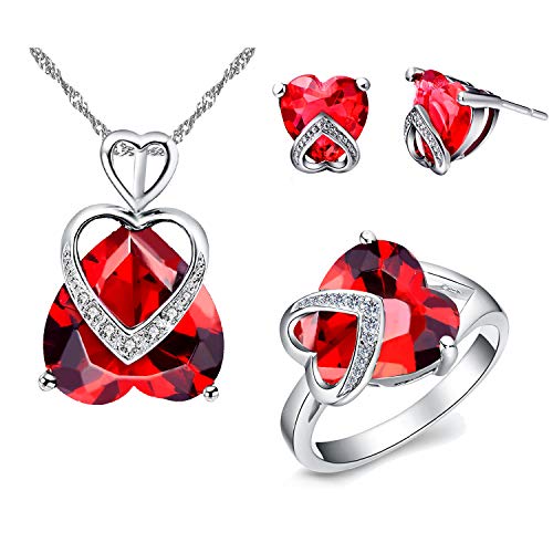 Uloveido Women Charm Created Garnet Love Heart Pendant Necklace January Birthstone Earrings and Red Ring Nice Platinum Plated Party Prom Costume Jewelry Set for Girlfriend Girls (Red, Size 8) T086