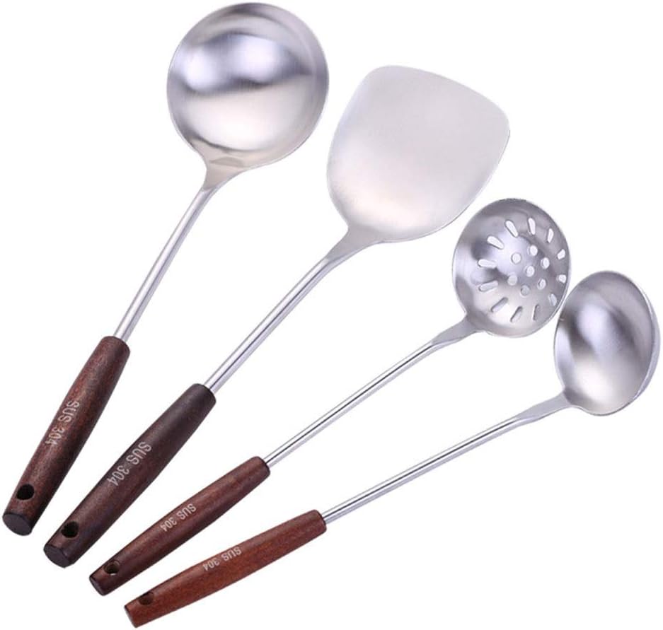 Kitchen Shovel Spoon Set, 304 Stainless Steel Kitchen Wooden Handle Spatula Anti-hot Thickening Stir-Fry Shovel Spoon Set of 4 Cooking Utensils Y-86