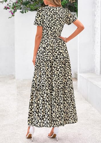 PRETTYGARDEN Women's 2025 Summer Boho Maxi Dresses Floral Short Sleeve V Neck A Line Tiered Flowy Long Beach Vacation Dress2