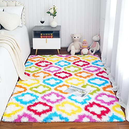 Tepook Fluffy Colorful Rug For Kids, Shaggy Soft Rainbow Area Rugs For Girls Bedroom, Indoor Modern Geometric Moroccan Rugs Plush Girls Kids Rug For Playroom Teens Room Nursery Home Decor, 3 X 5 Ft #TOP1