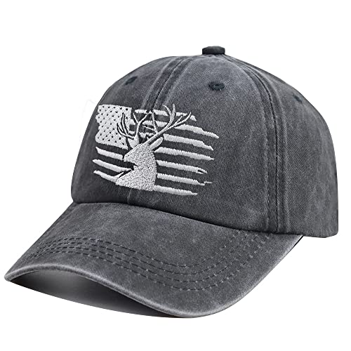 Image of HHNLB Embroidered Funny American Flag and Deer Skull Hunting Hat, Distressed Cotton Wash Baseball Cap Gifts for Men Women