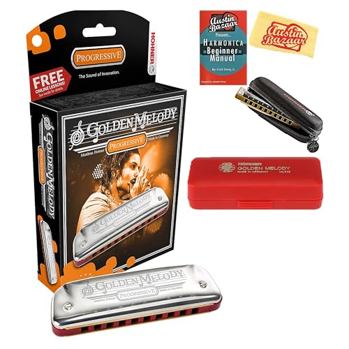Hohner Golden Melody Harmonica - Key of G Bundle with Zip Case, Instructional Manual, and Austin Bazaar Polishing Cloth