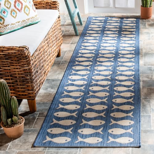 SAFAVIEH Washable Rug Outdoor Courtyard Collection - 23 x 67 Runner Blue & Beige Non-Shedding & Easy Cleaning Ideal for Patio Entryway Mudroom Hallway Kitchen (CY6013-233)