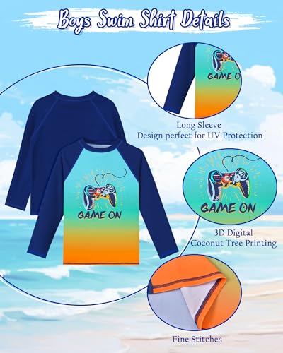 Image of Boys Rash Guard Swim Set with Swim Trunks Bathing Suit Long Sleeve Swim Shirt Quick Dry Swimsuit Kids Swimwear Size 7-16