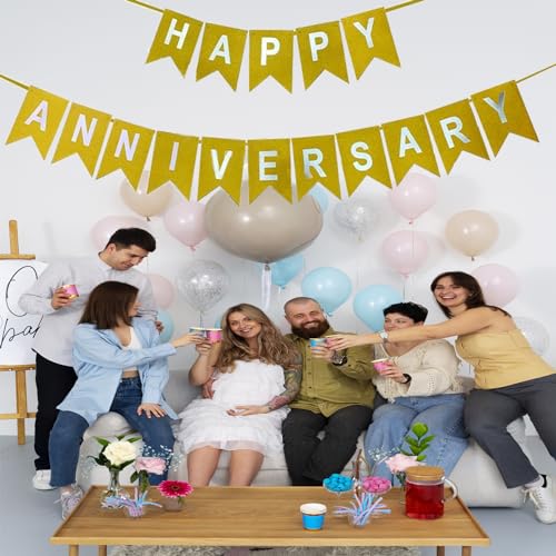 Image of Happy Anniversary Banner Gold Glitter Banner for Anniversary Party Birthday Wedding Decorations