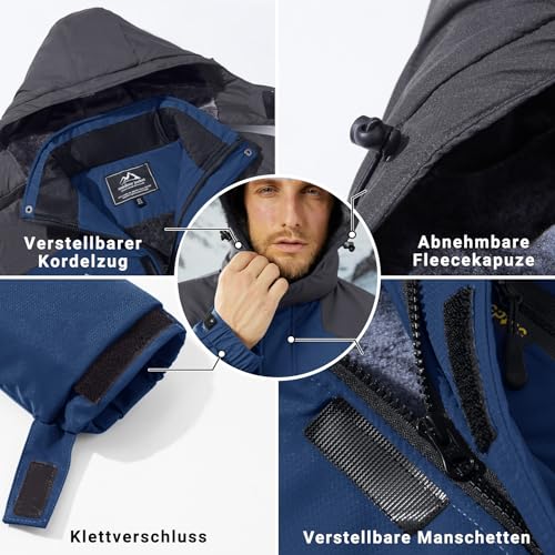KEFITEVD Snowboardjacke Herren Warm Gefüttert Ski Jacke Wasserdicht Softshell Jacke mit Kapuze Skijacke Herren Dicke Winterjacke Parka Jacke Jagdjacke Dunkelblau XL