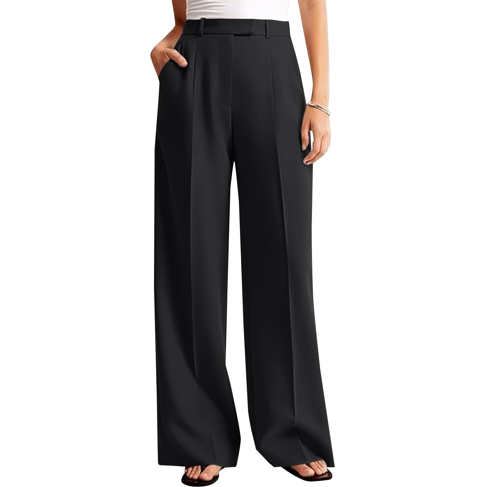 Pantaloni in tessuto da donna, a vita alta, palazzo, elasticizzati, con