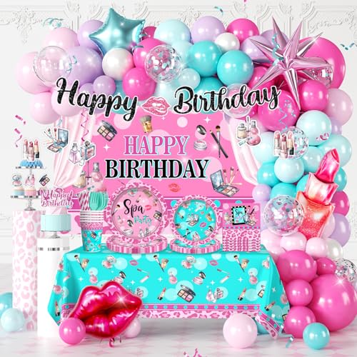 292 Pcs Spa Birthday Party Supplies for Girls Hassle-Free One-Stop Set for 25 Guests with Balloon Banner Backdrop Plates and Napkins Easy Setup for Spa Party