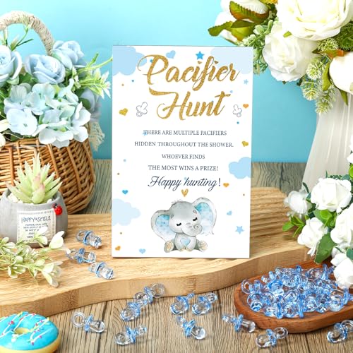 Image of Thyle 51 Pcs Blue Elephant Pacifier Hunt Babyshower Games Include Wooden Happy Hunting Sign and 50 Acrylic Mini Plastic Pacifiers for Baby Boy Girl Gender Reveal Party Supplies It's a Boy Baby Shower