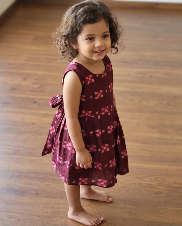Image of GHL GUENDICHAHAAT Sambalpuri Certified Handloom Cotton Girl's Frock | Ikat Ethnic Wear Dress for Kids | Comfortable Traditional Outfit for Girls