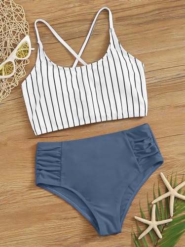 SweatyRocks Women's Bathing Suits Striped Criss Cross Bikini Set High Waisted Swimsuits3