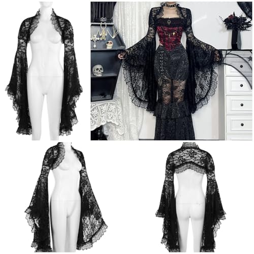 Women Gothic Lace Shawl Cardigan Open Front Bolero Shrug Y2K Cropped Bell Sleeve Crop Top Shirt4