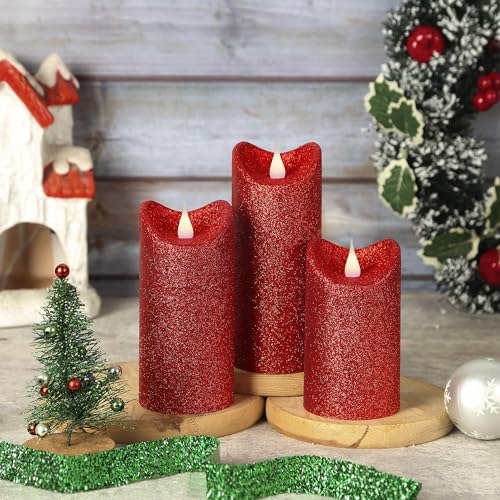Image of Pack of 3 Red Glitter Candle 3D Moving Flame LED Candles,10-Key Remote, Battery Powered Flameless Candle with Timer, Home Decor Bedroom, Hallway, Wedding Events