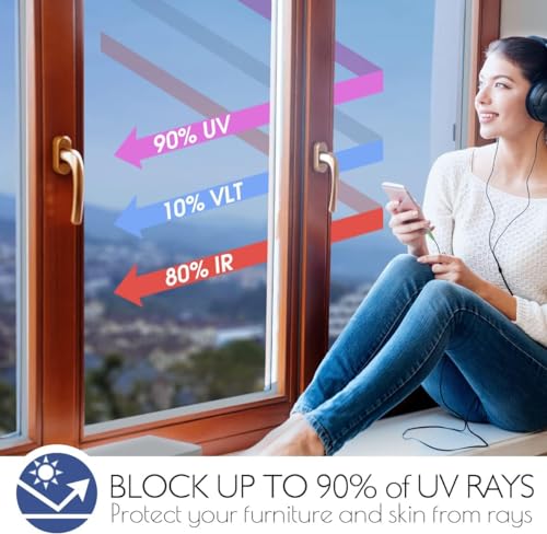 Image of CREON One Way Window Film, Privacy Window, UV Blocking, Non-Adhesive Static Cling Heat Control Reflective Glass Film for Home and Office 20x115 (Inch), Slver-blu