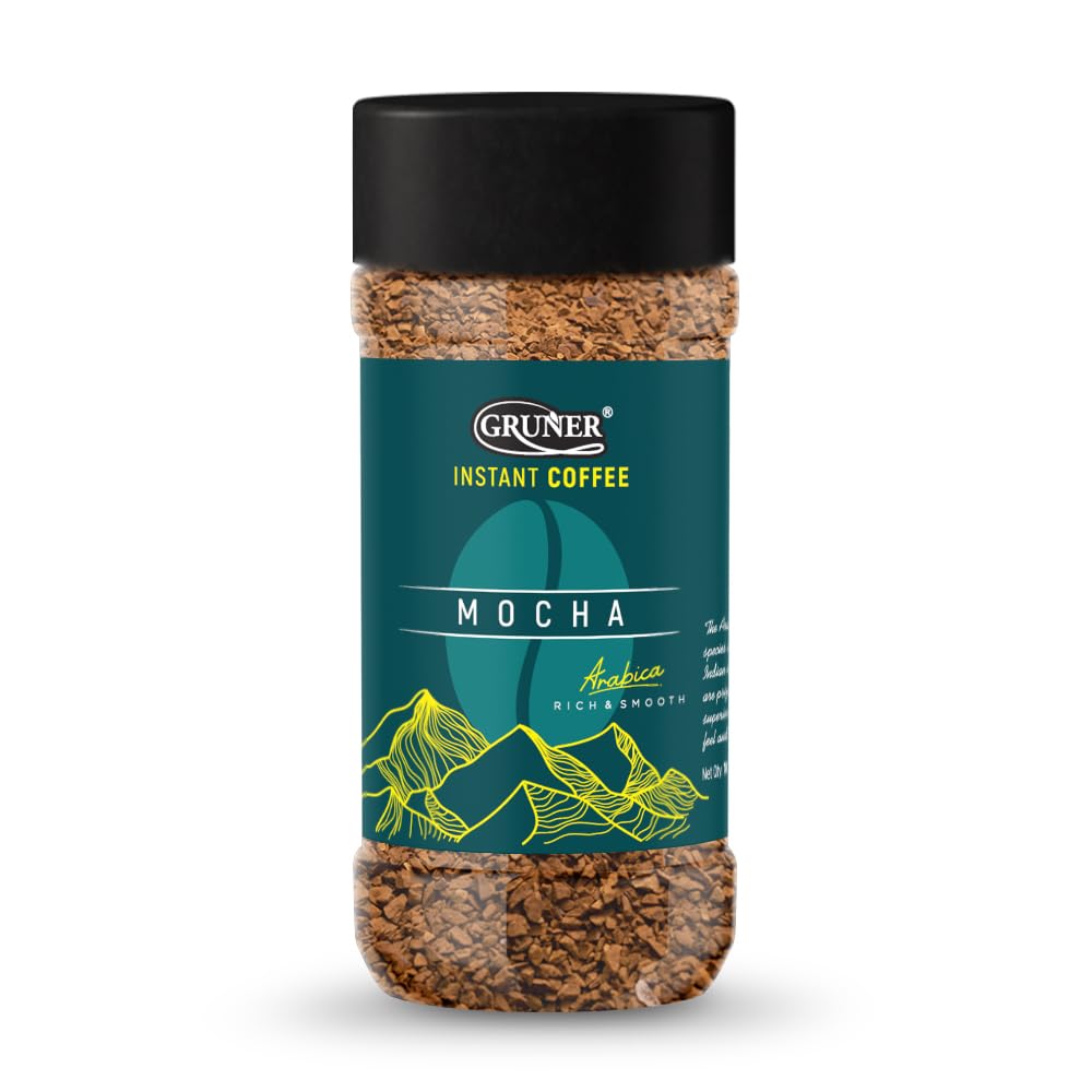 GRUNER Instant Flavoured Coffee | Have it Hot, Cold, or Black, Rich and Smooth, no added sugar, Medium Roast, Premium Arabica Coffee Bean 100gm 3.5oz. Jar (Mocha, 3.5Oz)