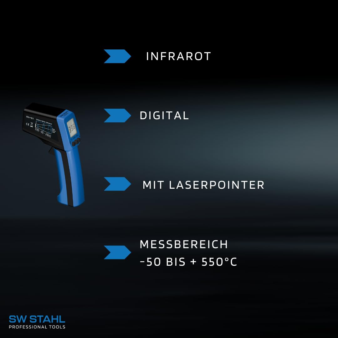 SW Stahl 72360L Termometro Infrarosso Digitale con Puntatore Laser | Misuratore di temperatura senza contatto da -50 a +550°C, display LCD retroilluminato e 2 batterie AAA incluse