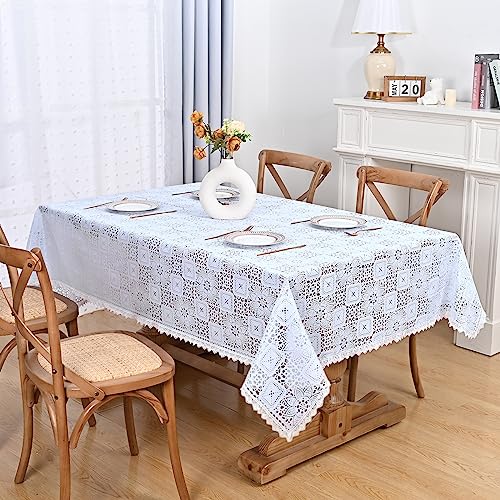 Likiyol White Vinyl Tablecloth, Rectangular Lace Tablecloth, Heavy Duty Vinyl Table Cloth, Stain-Resistant Wipeable Table Protector for Kitchen and Dining Room, 55 x 84 Inch