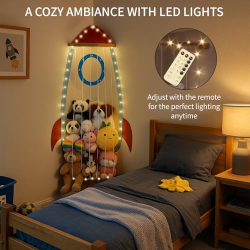 Image of PUTSKA Nursery Furniture Hanging Organizer - Wall Mounted Stuffed Animal Storage for Baby Room, Corner Plush Collection Display & Nursery Organization System, Space-Saving Vertical Storage - Spaceship