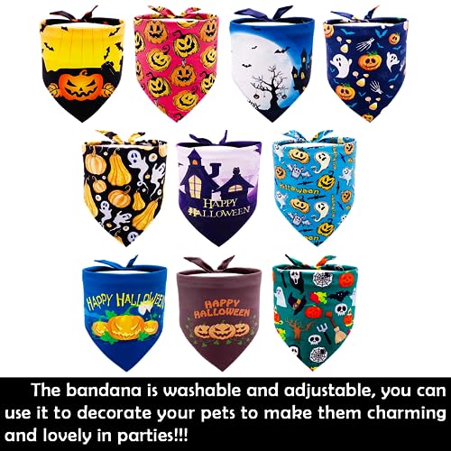JpGdn 10pcs Halloween Dog Bandanas for Large Dog Washable Stitching edge Selvedge Sewing Triangle Bibs Head Scarves Scarfs Pumpkin Bats Ghost Spider Owls Pattern for Girls and Boys Grooming Costume - Image 4
