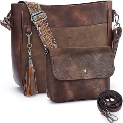 Crossbody Bags for Women 2PCS/Set,Vegan Leather Hobo Handbag Wallet Set,Trendy Shoulder Purses With 2PCS Guitar Strap