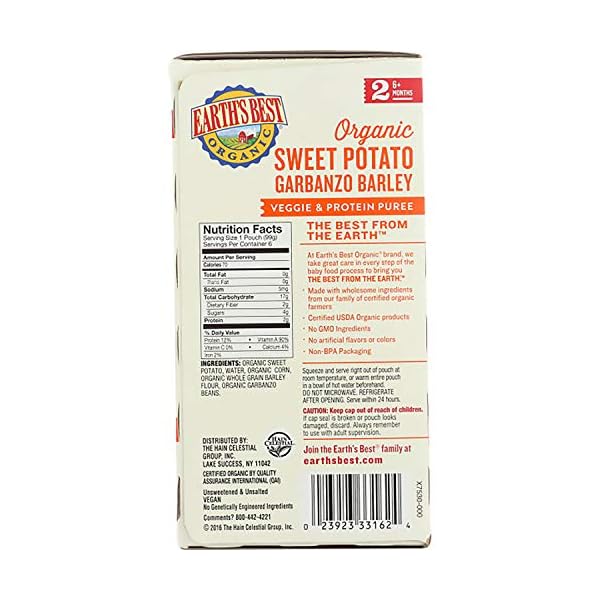 Earths-Best-Organic-Stage-2-Baby-Food-Sweet-Potato-Garbanzo-Barley-35-Oz-Pouch-Pack-of-12 Earth's Best Organic Baby Food Pouches, Stage 2 Protein and Veggie Puree for Babies 6 Months and Older, Organic Sweet Potato Garbanzo Barley, 3.5 oz Resealable Pouch (Pack of 12)