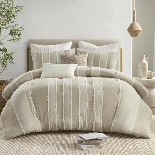 Image of Ink+Ivy Queen Comforter Set Boho Comforters Stripes, Clipped Jacquard, Cotton Comforter for Queen Size Bed, All Season Poly Fill Lightweight Queen Bedding & Shams, Shay, Full /Queen, Taupe 3 Piece