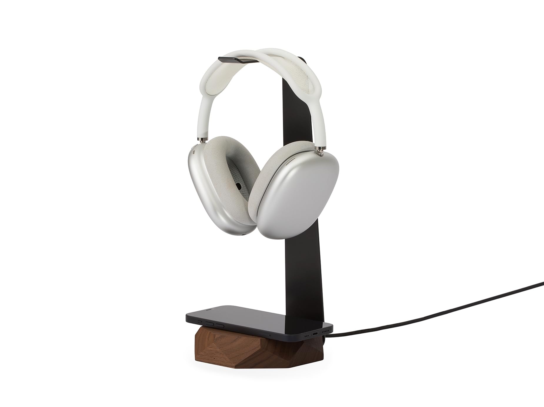 Oakywood 2-in-1-Kopfhörerständer mit Kabellosem Ladegerät aus Holz - Handgefertigter Headset-Halter und Ladegerät 15-W-Ladegerät - Stahl und Naturholz Walnuss
