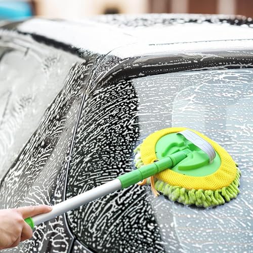 Image of 47 inch Car Wash Brush Mop Cleaning Tool with Long Handle Kit for Washing Detail Car Truck, SUV, RV, Trailer, Boat 2 in 1 Chenille Microfiber Sponge Duster, Paint Scratch Free