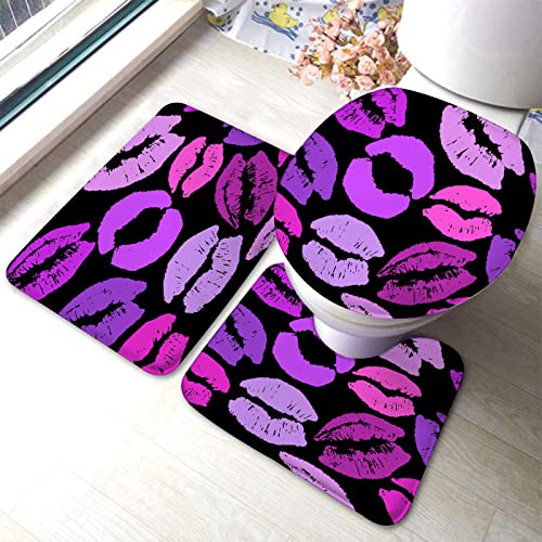 Badezimmerteppich-Set, 3-teilig, Lila Lippen, waschbare Badeteppiche, rutschfest, mit Rückenpolster, Konturteppich und Toilettendeckelbezug