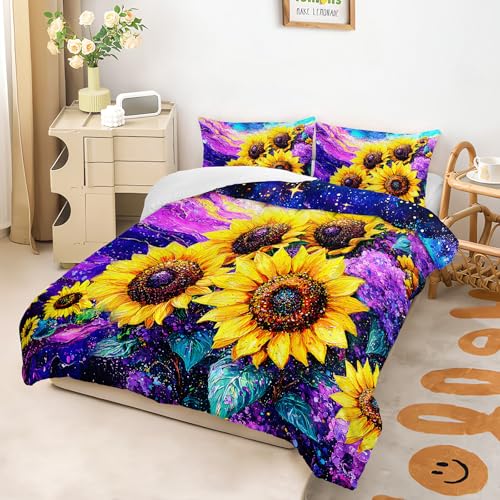 Image of AILONEN Oil Sunflower Printed Queen Size Comforter Set for Kids Teens Girls Women,Yellow Floral Purple Bedding Set for All Season Use,1 Quilt and 2 Pillowcase