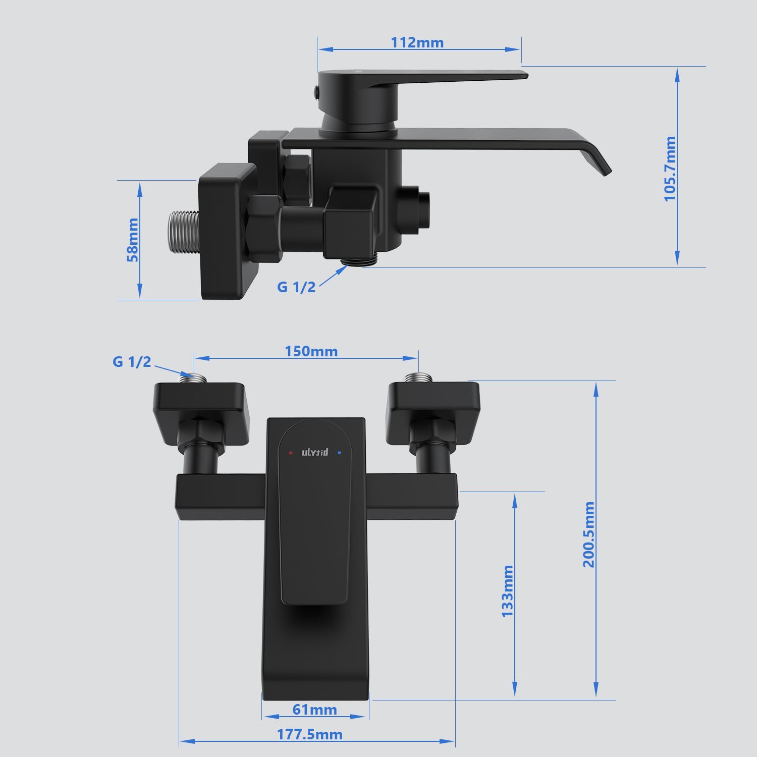 Grifo Bañera Negro en Cascada, Grifo Mural de Latón para Ducha y Baño, Mezclador Monomando para Bañera Universal 1/2" Salida Inferior, Fácil de Instalar